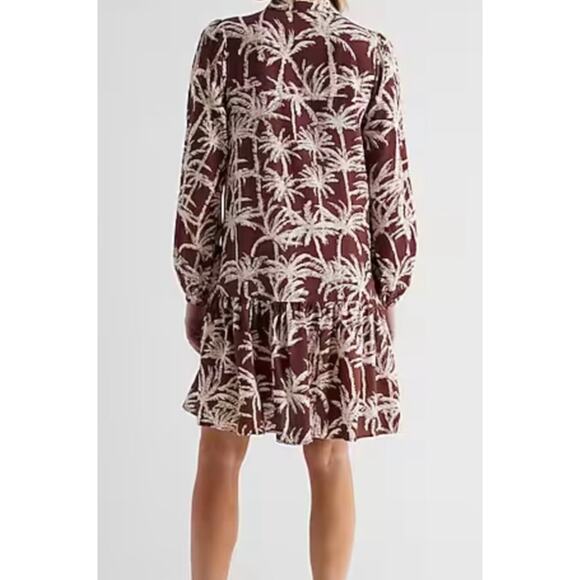 Express NWT Brown & white palm mini shirt dress Oversized flowy L/S tiered hem - Picture 3 of 12